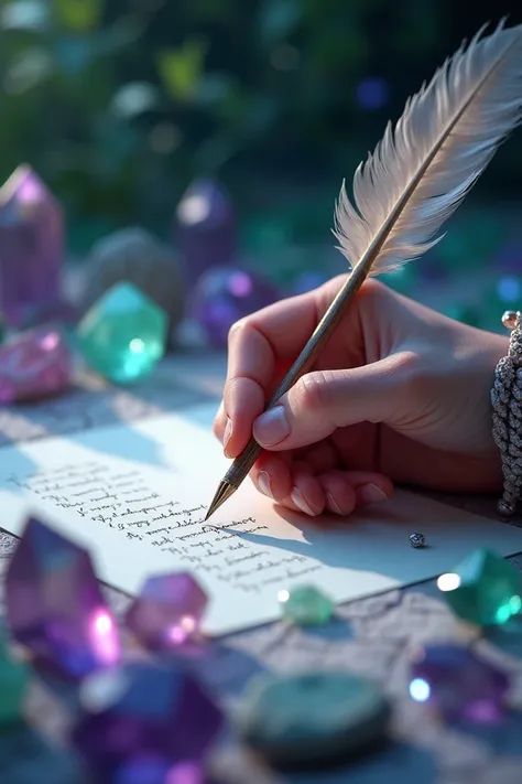 A hand writing a poem on paper studded with jade and amethyst crystals 