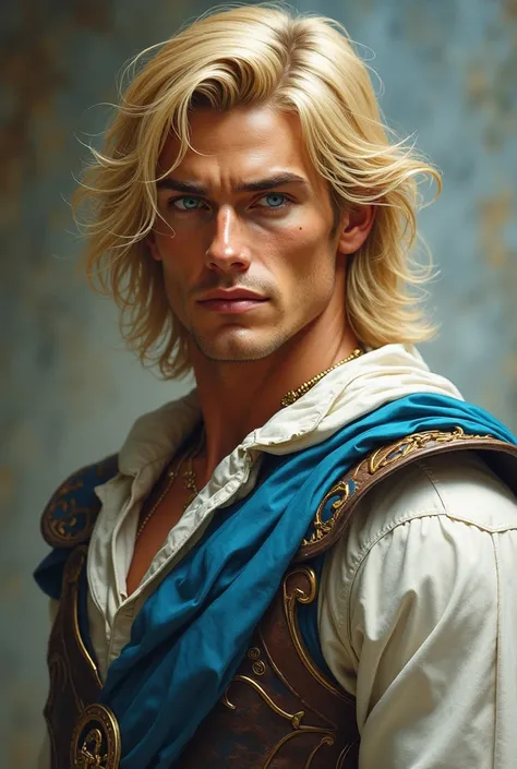 A gallant hero with striking blond hair and mesmerizing pale blue eyes, exuding an aura of timeless charm and strength. His athletic figure is accentuated by tanned skin, clad in a regal ensemble of white and blue clothes topped off with sturdy boots. At 4...