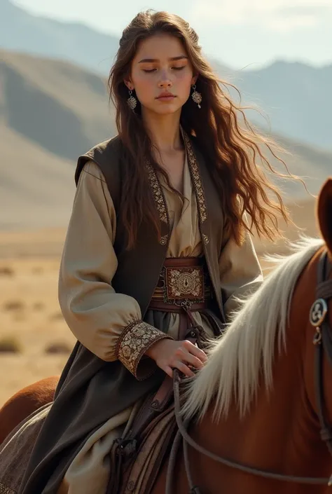 1 girl,  long hair ,  brown hair,  closed eyes, earrings, Kyrgyz and Tajik on Horses