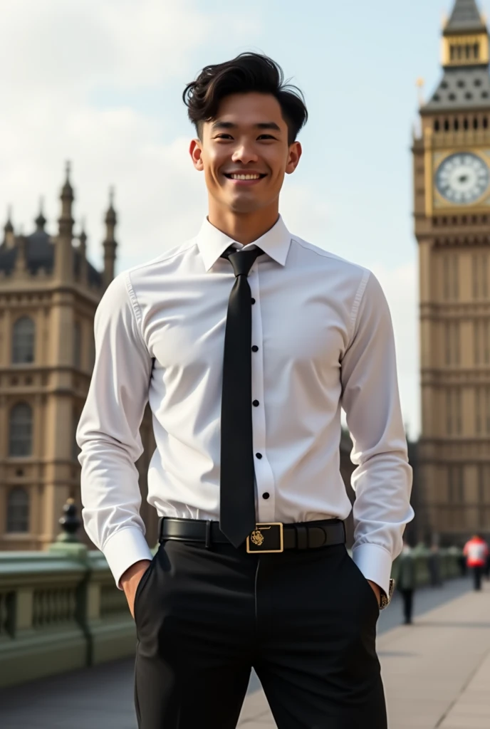 A highly detailed, photorealistic image of muscled Asian-British man, 18 years old, with fair skin. Casual outdoor Portrait, Front Angle, Eye-level Shot A, he is enjoying a sunny day, standing confidently with a soft smile. He is also handsome, attractive,...