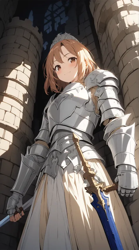 1 girl, (cute face), 18 years old, to many hairstyle, blush, smug, biting closed mouth, medium breasts, wearing DQ3 style knight Armor, knee length, standing on castle battlements, (hand on hilt), for glossy skin, cowboy shot, Break 
(natural lighting, amb...