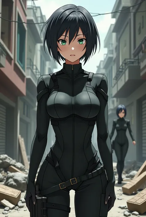 Anime, 1girl, Short Hair, green eyes Multiple Views, High Quality, Short Hair, Black Hair, black military jumpsuit, in a warzone Accurate, anatomically correct