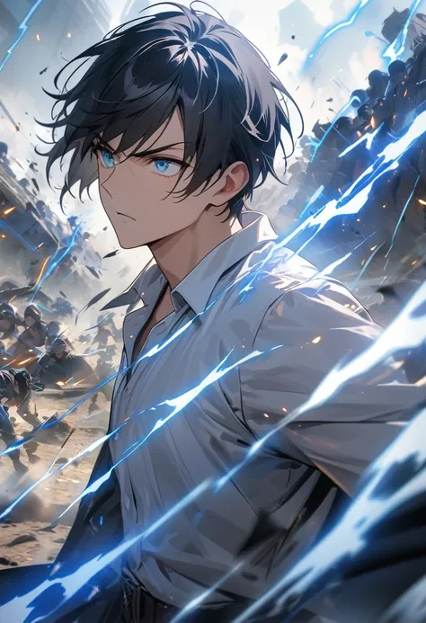 nonsense,  highres icon,  ultra fine , HDR,  Masterpiece,  very fine face and eyes,Gojo,Black hair,  alone , person,  handsome, , White Shirt, ,  Great battle scene ,  blue lightning effect , Glowing sparkle  , Straight face 