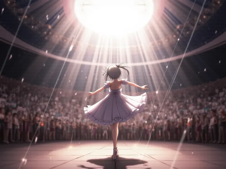 1girl, High Resolution, Depth Of Field, From Below, Motion Lines, Best Quality, Masterpiece, HD, Short Hair, Twintails, White Hair, From Behind, Lens Flare, Silhouette, Dynamic, Ballet performing on a stage with crowds of people Wide Shot, Perspective, 