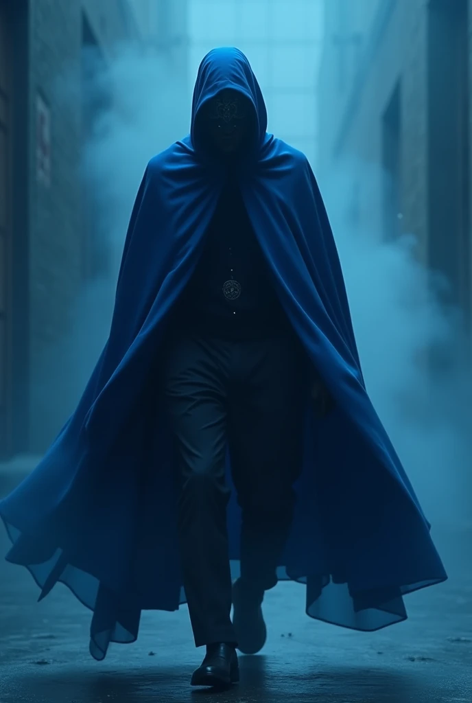 create a video, with a mysterious man in a blue cape with a mask seen from below and walking