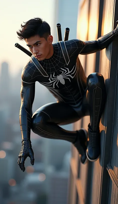 A handsome young man, with short hair, wearing a Spiderman suit,With four robotic arms on the back 
And his direction is forward to attack the opponent  , 
The suit worn by Spiderman is a very cool black suit with the latest technology 
With the net struct...