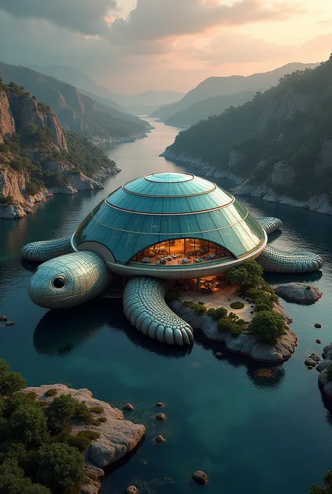  image showcases a creative architectural design that resembles a massive tortoise integrated into a luxurious structure villa should be seen more. The design includes circular, glass-paneled buildings connected by pathways, featuring a  tortoise  body, 
c...