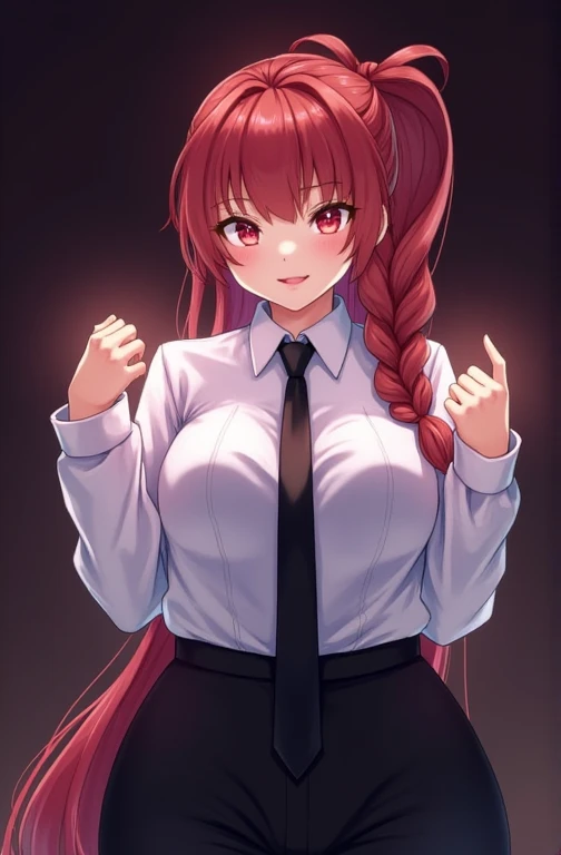 makima_v1, 1girl, red hair, ringed eyes, braided ponytail, solo, black necktie, shirt, collared shirt, black_pants, masterpiece, ultra Detail, best quality, glowing, glowing eyes, glowing skin, glowing clothes, shiny skin, shiny clothes, shiny eyes, hypnos...