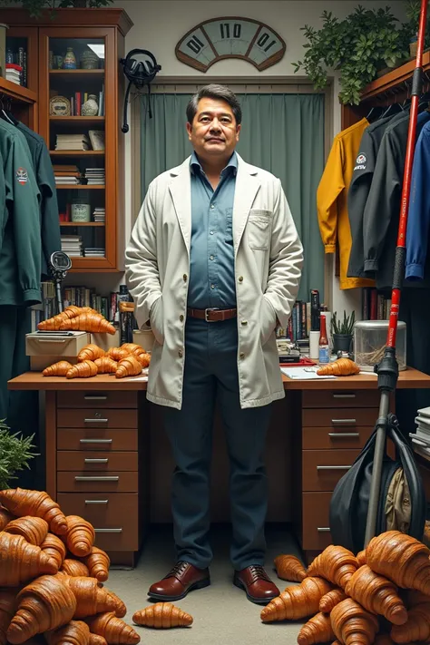 A dietitian in his office with spearfishing equipment all around and lot of croissants 