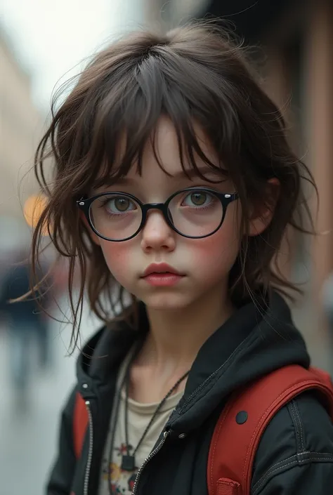 A young boy, , quite feminine face, fairly pale in color, brown eyes, long brown hair. Quite pink and damaged lips, he wears glasses. His clothing style is more Downtown Boy