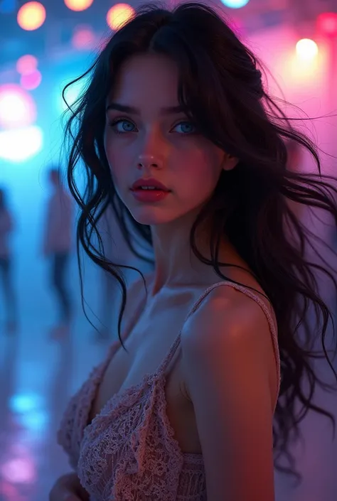 Young Russian woman with fine and delicate features and tender electric blue eyes unique pale white ivory skin dancing animated on a disco with black hair in Trouble  