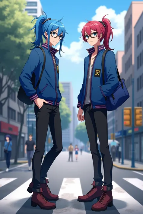  Anime Men  ,  wearing glasses  ,  Blue Eyes  , , blue and crimson ponytail. , , wearing a blue jacket,  ,  Black Jeans  , , dark brown high-heeled boots,  , Carrying a blue shoulder bag  ,  in the city, 