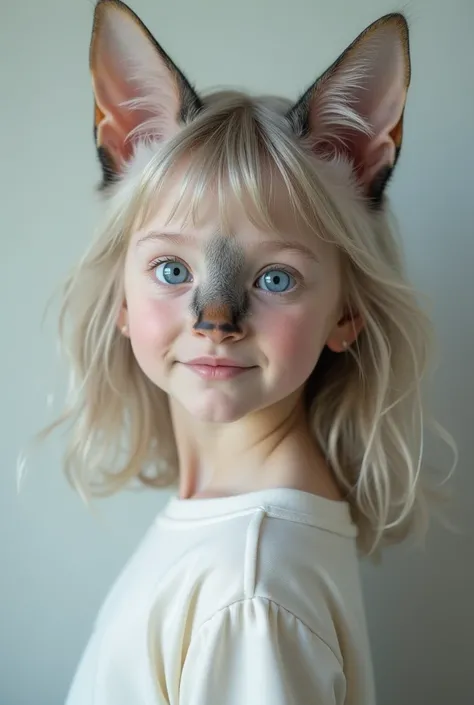 a -old girl with the features of a colorpoint Siamese lynx cat with pale blue eyes and shoulder-length gray-white hair. With casual clothes. Portrait photo. Dont add cat ears 