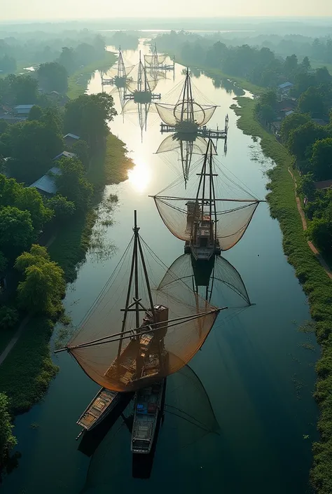 Kochi Kerala backwater chinees fishnet aerial view 