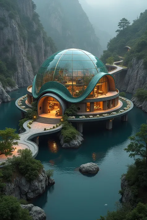  image showcases a creative architectural design that resembles a massive tortoise integrated into a luxurious structure villa should be seen more. The design includes circular, glass panel more seen buildings connected by pathways, featuring a  tortoise  ...