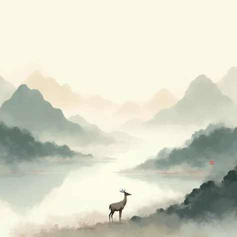  High Quality ，fine，Chinese Landscape,  in the style of ethereal images ,  white and gray ,  Quiet and peaceful atmosphere ，Ink Painting，Rice paper texture，animal