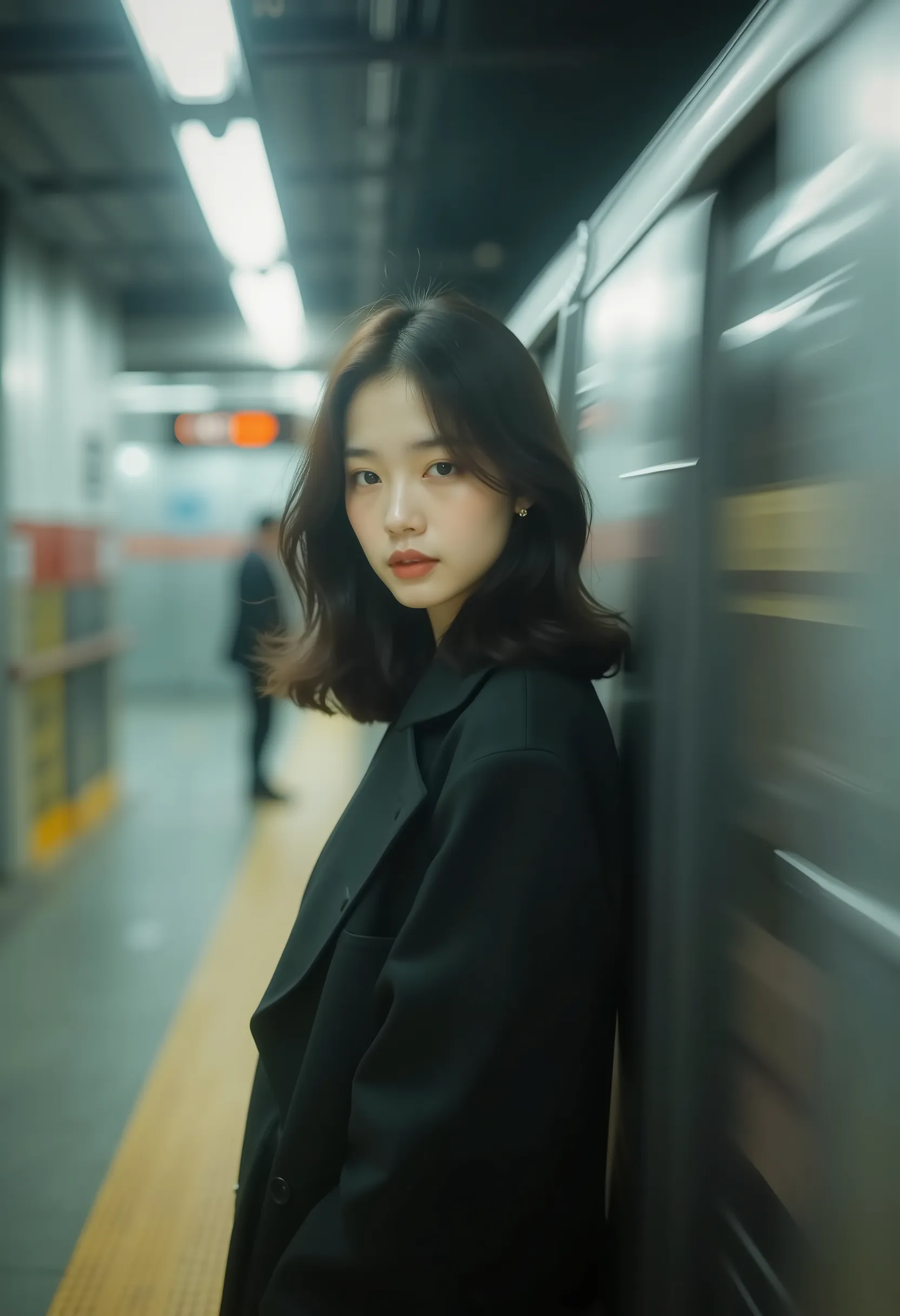 martin time blur,martin portrait,film photo,1girl stood next to the high-speed subway,looking at viewers,high quality,