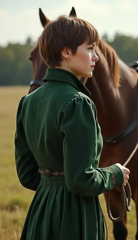  girl ,  brown-haired woman with short hair , одетая в Dark green мужскую форму кадета Российской империи, Dark green,  in kirz knee-length boots , art, trousers, holding a horse by the bridle ,  side view,  sunny weather,  very detailed , quality 4k 