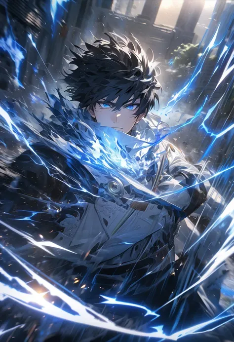 nonsense,  highres icon,  ultra fine , HDR,  Masterpiece,  very fine face and eyes, Gojo Satoru,Shaggy Black Hair  ,  Blue Eyes ,  alone , person,  handsome, , White Shirt, ,  Great battle scene , Blue lightning effect, Glowing sparkle  