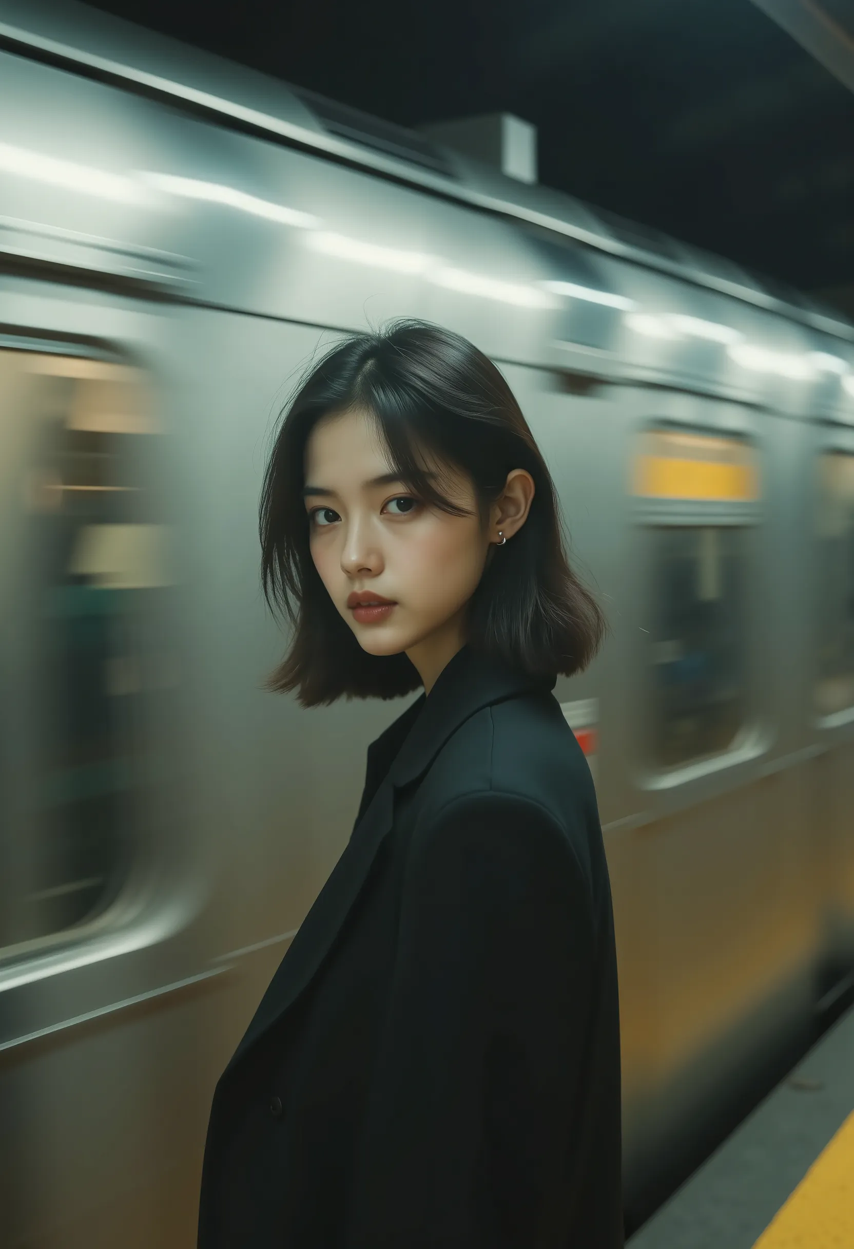 martin time blur,martin portrait,film photo,1girl stood next to the high-speed subway,looking at viewers,high quality,