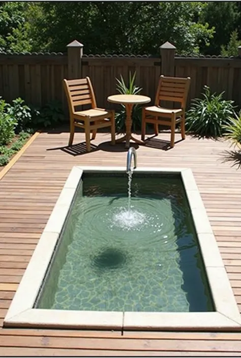 The image depicts a beautifully designed outdoor patio area. The focal point is a rectangular water feature, possibly a small pond or fountain, centrally placed on a wooden deck. The water is clear, and there is a gentle stream of water flowing from the to...