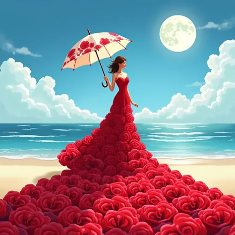 The image is a digital illustration of a woman standing on a beach with a full moon in the background. The woman is wearing a long, flowing red dress with a sweetheart neckline and a full skirt. She is holding a large white umbrella with red flowers on it....