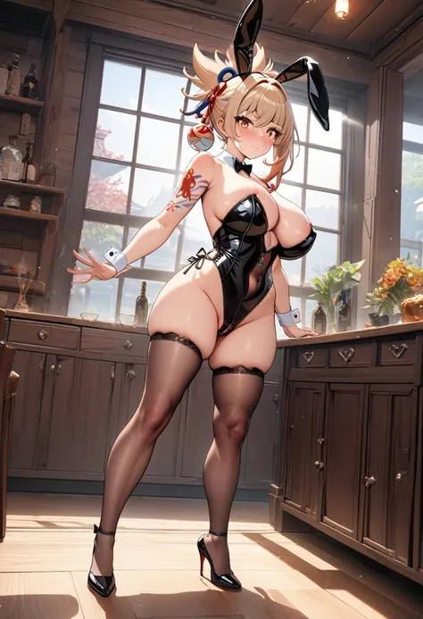 8k, masterpiece, best quality, ultra detailed, Ultra-high resolution, Highly detailed CG, break, 1girl, yoimiya(genshin impact), kawaii, nsfw, huge breasts, (bunnysuit:1.2), full body, indoors, standing