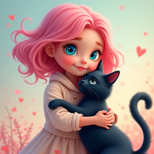 Girl with cat, Black Cat, Pink hair Blue eyes, Avatar