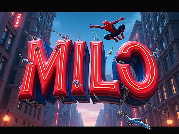 Create a poster extremely detailed with letter-by-letter writing "MILO" en français et en majuscule. dans un style Disney 4D. LÉCRITURE DOIT ÊTRE BIEN VISIBLE. 
Thème SPIDER MAN