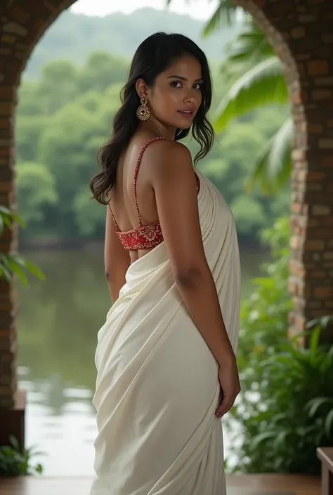 Realistic photo of Kerala female in wayanad resort in kerala.Realistic photo. female is young and with big breast curvy body figure aged 28 fair skin wearing white kerala hot saree with and Showing hip Realistic photo. Real life photo. 