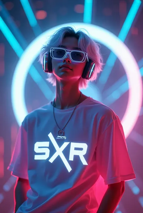 A young man Korean boy  silver-haired k-popl model wearing a glowing SXR logo t-shirt สวมหูฟังเรืองแสงคล้องคอใส่แว่นดำทันสมัยล้ำยุค  floating in a cyber style glow circle 