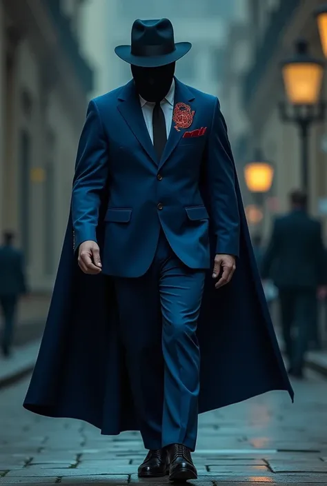 Create a video of a strong and mysterious man ,  wearing a blue suit with a red and black cross from Portugal in his clothes with a blue cape and without a face walking with a view from below 