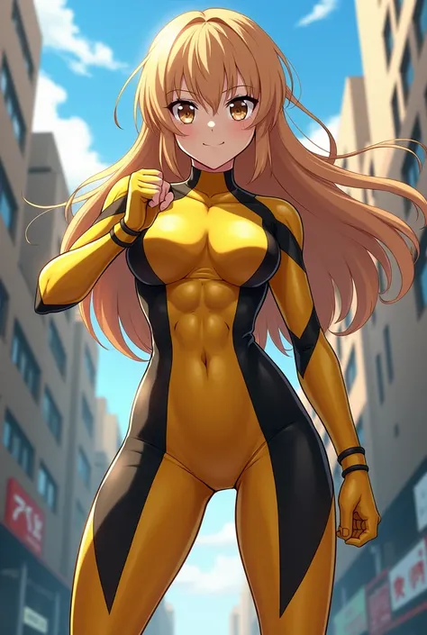 My Hero Academia Style , Anime girl, female, young female ,Full Body Shot,(fighting stance:1.3),Long hair, Yellow Hair,  Brown Eyes,Hero Suit, Full Body Suit, Gold suit with Black details, perfect anatomy, （trained abs),super detailed,(Buildings:1.2）