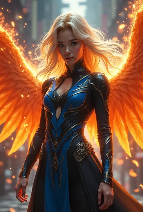 Korean woman with blond hair in a black and blue costume with fire wings