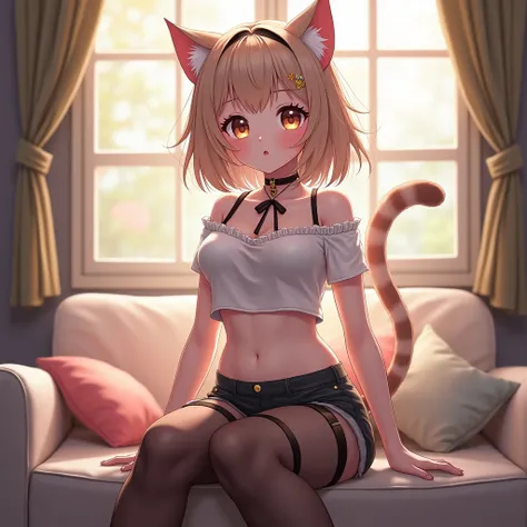 masterpiece, Quality Best , Official Art , Extremely Detailed CG Unity 8K Wallpaper, girl, cute的girl, Yuri, Hair accessories,  shorts,  cropped top below , pantyhose, ribbon_ Choker Necklace , Leg strap,cat ears tail，Second dimension animation，Colored eyes...