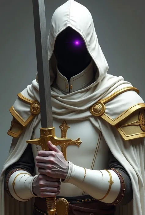 Photo of a male paladin in a hooded suit with light armor underneath, holding a longsword with both hands, no helmet, white and gold colored attire, his head is entirely shrouded by the shadow of the hood but the gleam of his one violet eye peaks through, ...