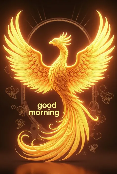  a golden phoenix ,  in an arc written around you " WA print ",  under the phoenix the phrase  "good morning",  in the background a personalized products store