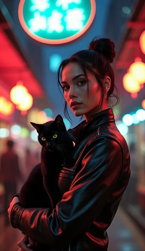 "A tall, athletic woman with feline-like grace, holding a sleek black cat in her arms, standing under a glowing neon sign in a bustling night market, intricate tattoos on her arms, vibrant and colorful lights reflecting off her glossy jacket, hyperrealisti...