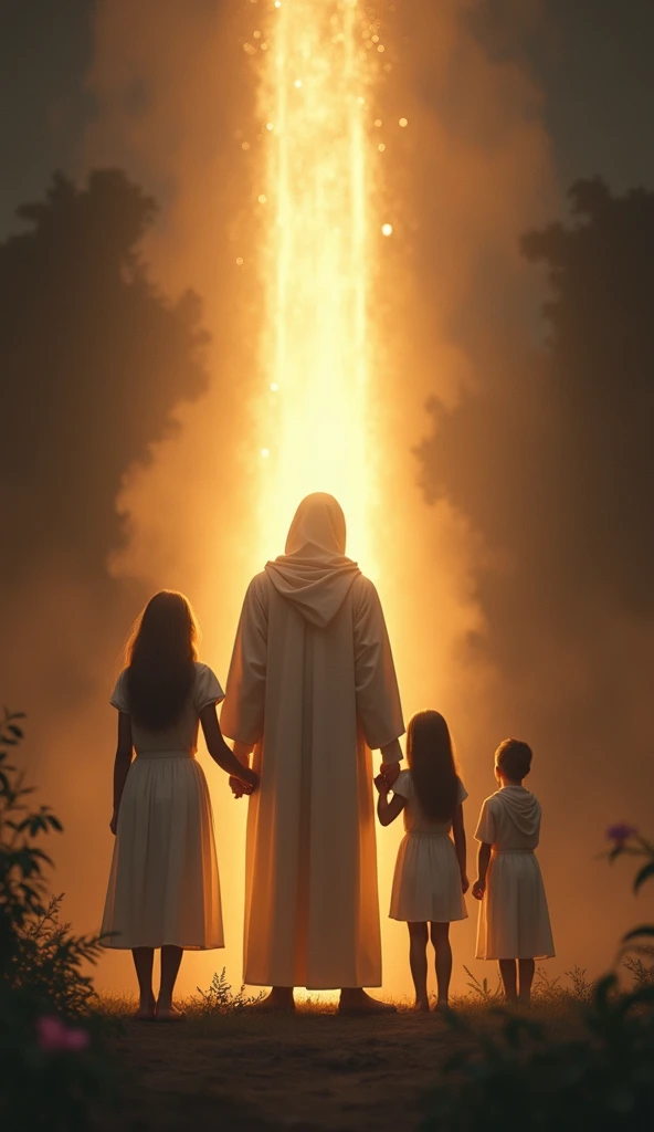 A protective, divine figure standing in front of a family, shielding them with a glowing light. The family consists of a mother, father, and two ren, standing together in a safe, peaceful home environment. Dark, threatening shadows loom in the background, ...