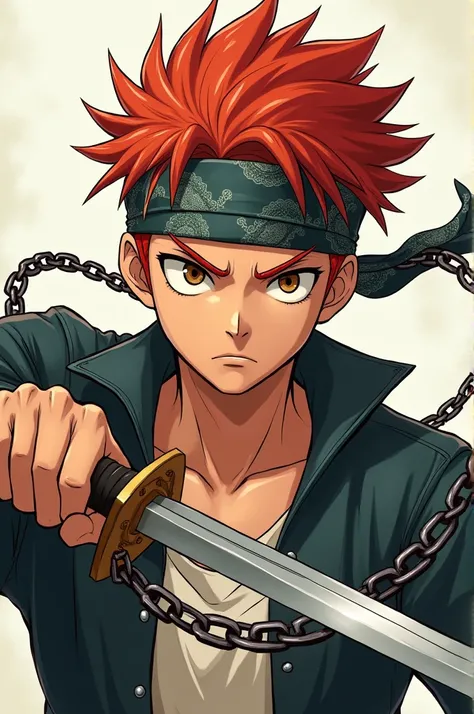 A male anime character with a paisley bandana on his forehead
Red hair carrying two swords connected with a chain at the handles 
With brown eyes
