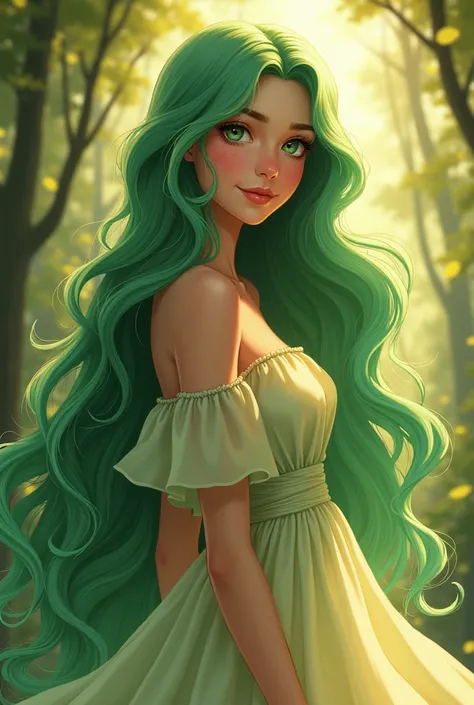 Here’s a detailed and idealized prompt for your request:  

"A stunningly beautiful girl with long, vibrant green hair that cascades in silky waves down her back. Her eyes are large, captivating, and emerald green, sparkling with a gentle warmth. Her skin ...