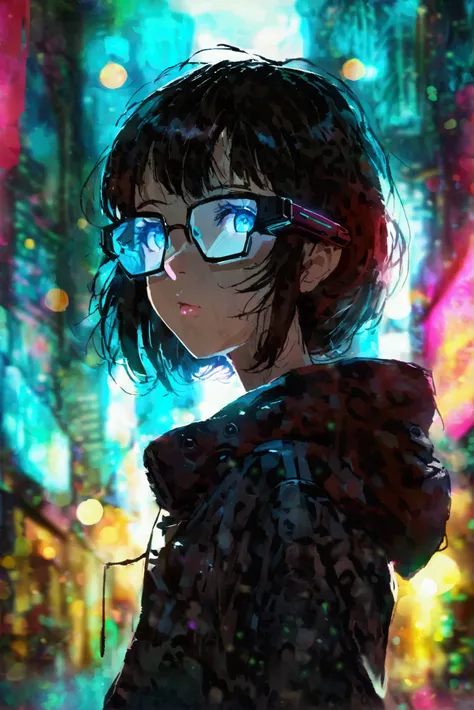 Help me draw a  with futuristic glasses，The background is cyberpunk city style ，Cartoon anime style