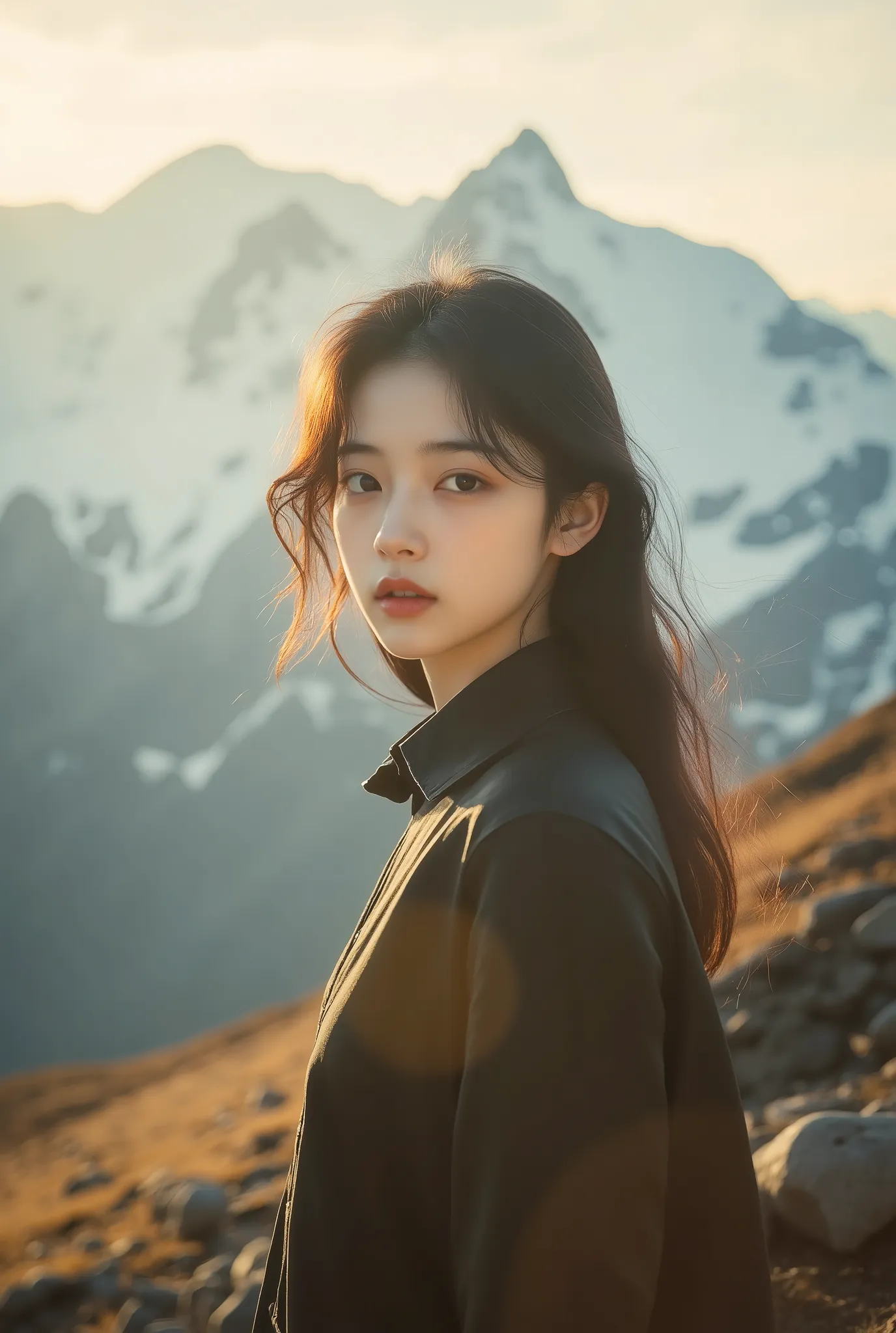 Martin time blur,Martin portrait,film photo, A girl stands at the top of a mountain, looking at the audience. The background is a high mountain, warm sunshine, high quality, detailed to the hair, solo, and the background is dynamically blurred