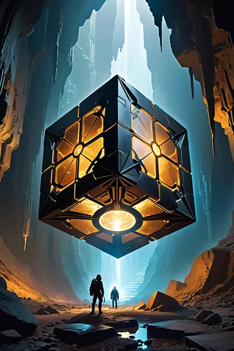 In a vast, dimly lit underground cavern, a team of explorers stumbles upon a colossal, floating cube of unknown origin. The cube, adorned with dark, metallic plates and intricate, mechanical designs, exudes an aura of advanced technology or alien craftsman...