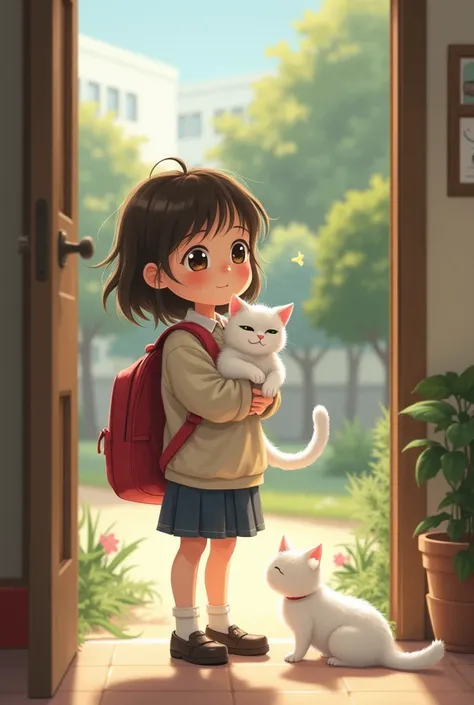 At the moment the cute girl age now 11 and shes still playing with cute White cat. Now shes going to school and his cat behind him and missing and bye her