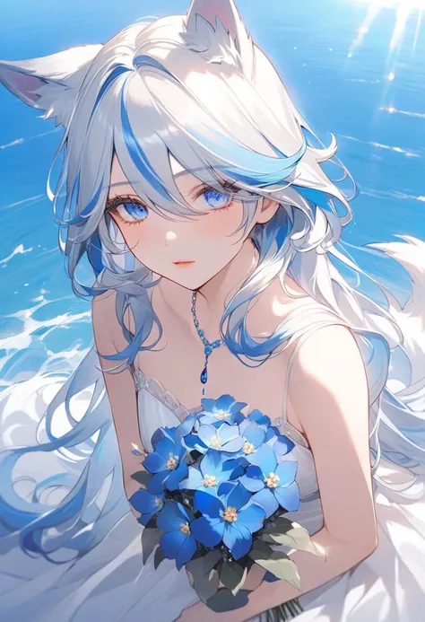 woman with wolf ears and a tail, graceful with an aura that exudes beauty and serenity, thin lips, this character has long white hair and adds blue hair in some strands of her hair like Furina Genshin Impact but her hair is full length unlike Furina her ha...