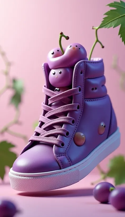 "Create a whimsical creature resembling a grape that takes the form of a shoe. The body is made entirely of glossy, plump purple grapes, arranged to mimic the shape of a stylish sneaker. The laces are made of delicate green grape stems, while the sole is c...