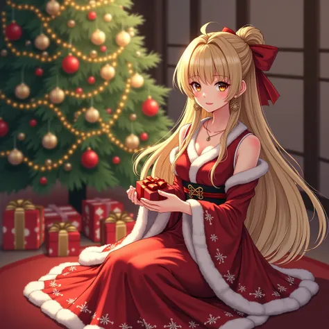 A Japanese Princess Wearing Winter Dress , Long Blonde Hair, red Lips, Beautiful Eyes, Earring And Necklace, Shes Seating Front Of Christmas Tree Holding Gift in his hand, Christmas tree is fully decorated, heare is so many gifts in the floor , red carpet,...