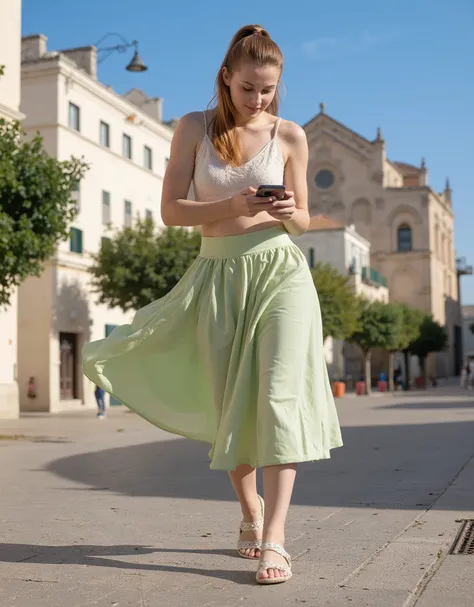 (YES SFW), Redhead Woman wears a large ligh green skirt, black belt. Skirt lift, wind moves skirt showing her perfect hips. Lacy white panties, cameltoe. shadows. White underwear, (green shirt:1.9). ((extreme details)), (ultra-detailed), best quality, ultr...