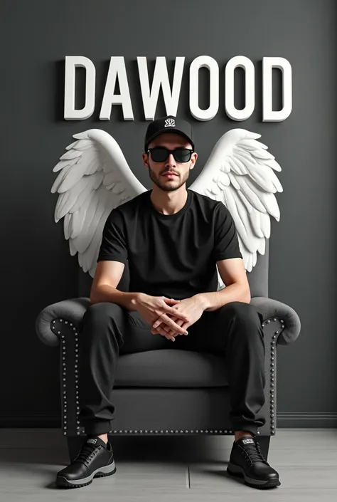 Create a 3D illusion for a profile picture where a 25 Year old cute BOY in a black shirt Sitting casually on a Wingback chair. Wearing sneakers, a black cricket cap, and sunglasses, he looks ahead. ahead. The 9,592 background features "DAWOOD" in big and c...